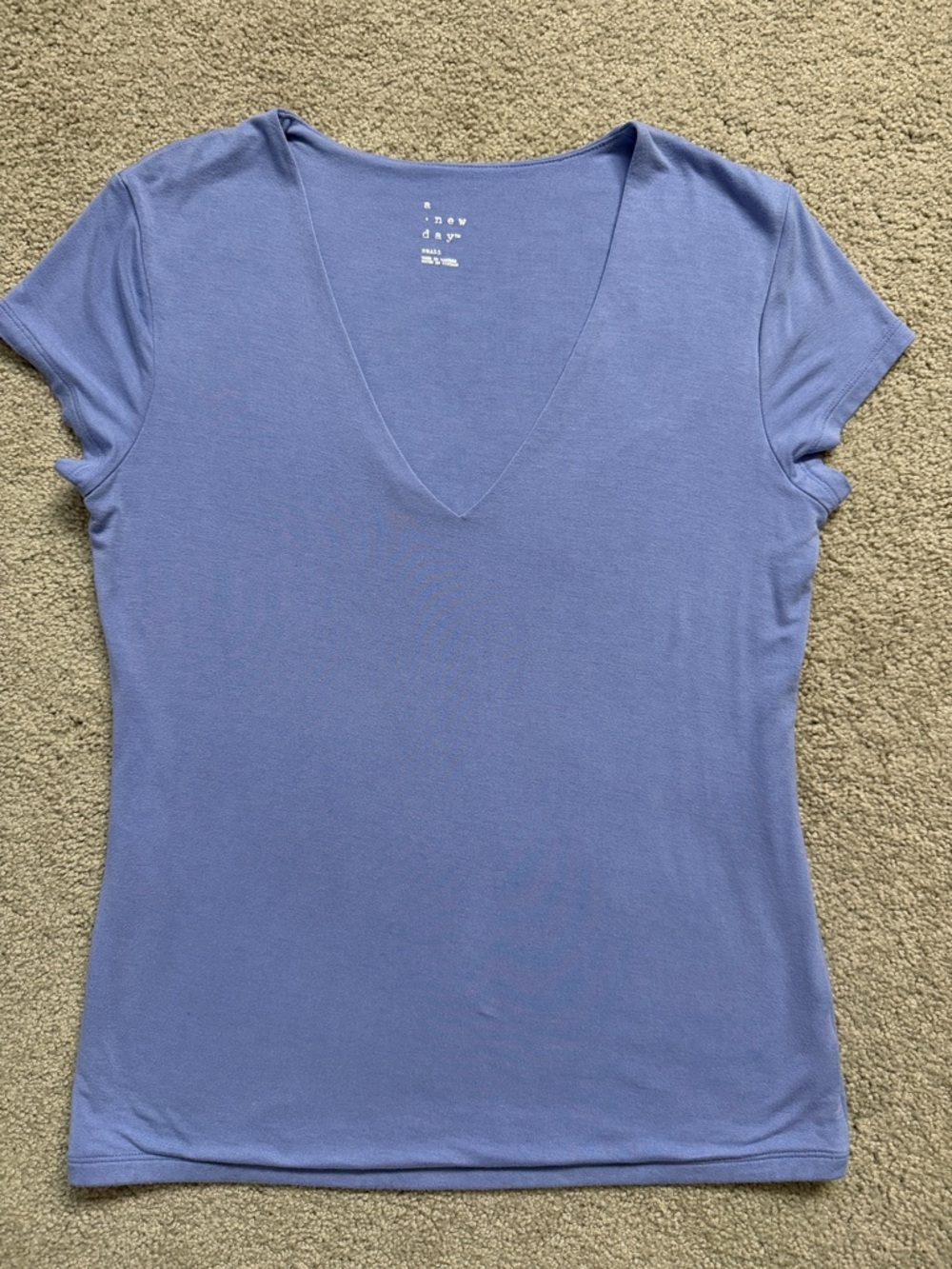 A New Day Short Sleeve V-Neck T-Shirt Womens Small Lined Stretch Blue Purple Top